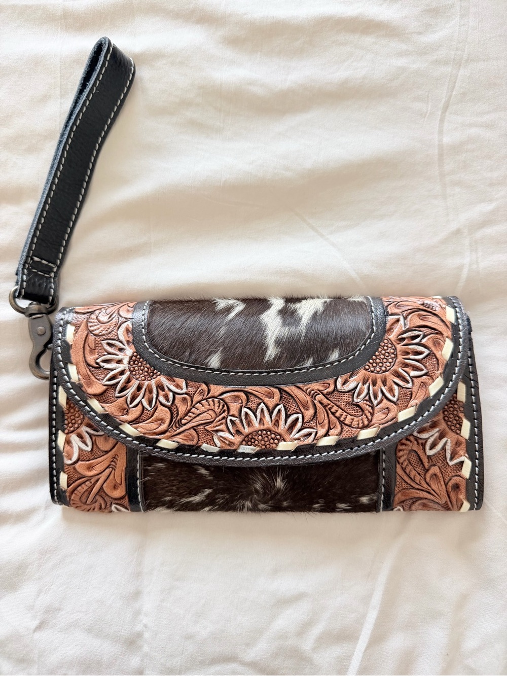 Western Floral Tooled Leather & Cowhide Wristlet Wallet - Brown